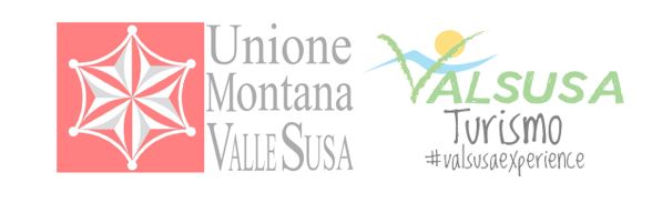 Logo Unione Montana Valle Susa, con stella roossa e grigia e sei punte racchiusa in un quadrato rosso - Scritta Val susa turismo con #valsusaexperience