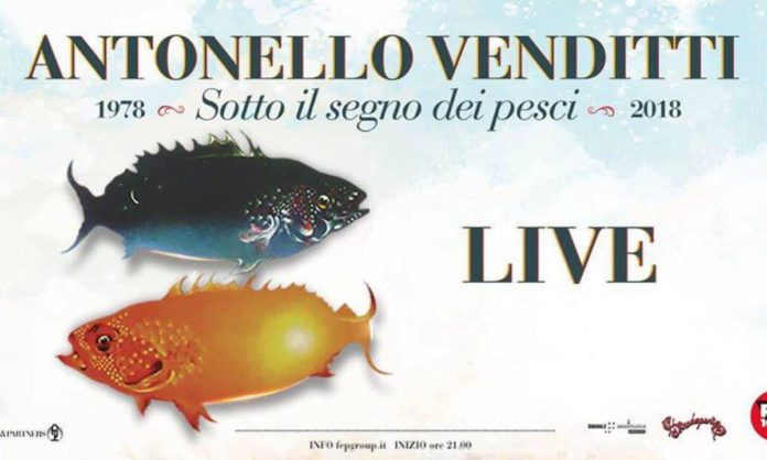 locandina con due pesci uno blu e uno arancione sotto la scritta antonello venditti sotto il segno dei pesci live su sfondo bianco