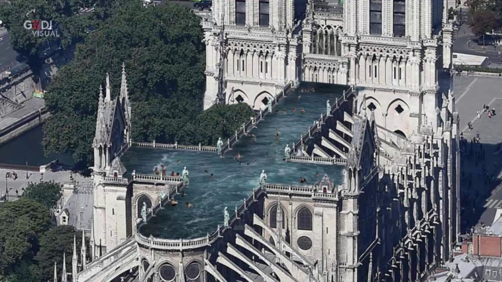 Piscina sul tetto di Notre Dame un anno dopo l'incendio progetti di ricostruzione per la guglia