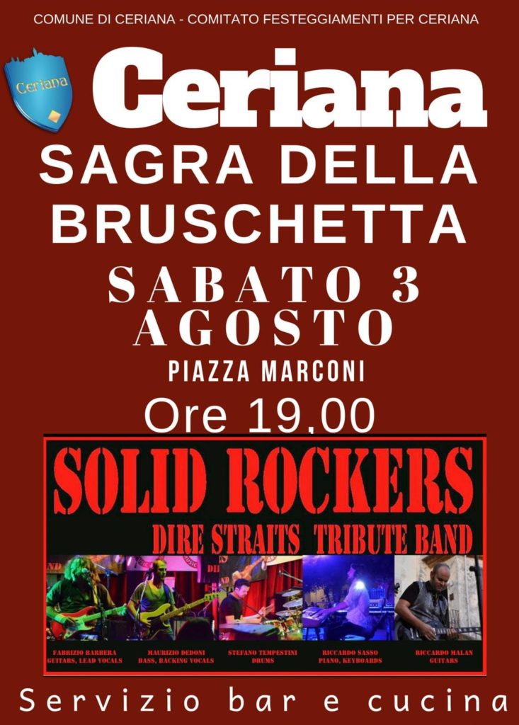 Solid Rockers la locandina dell'evento, su sfondo rosso , con la scritta"Sagra della bruschetta sabato 3 agosto, piazza marconi, ore 19. Servizio Bar e cucina"