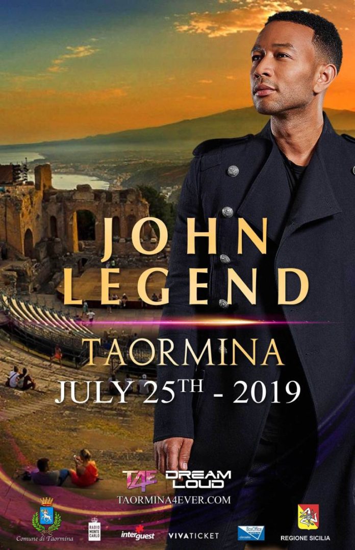 locandina con immagine di john legend con lo sfondo del teatro antico di taormina