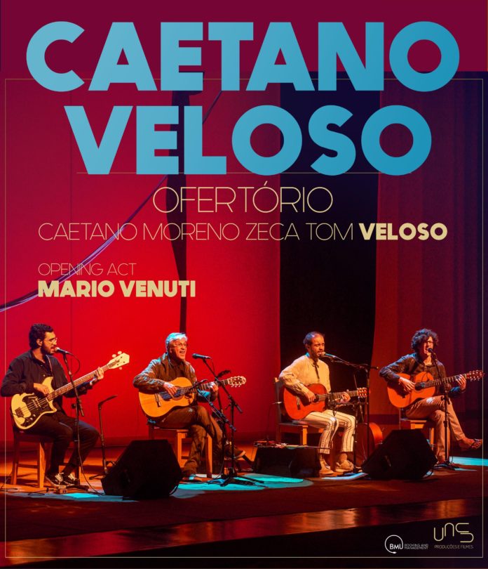 locandina con immagine di caetano veloso con i tre figli che suonano su un palco