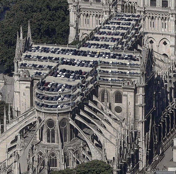 Parcheggio sul tetto della cattedrale di notre dame, un'idea per la ricostruzione, tra le altre, quella di una piscina
