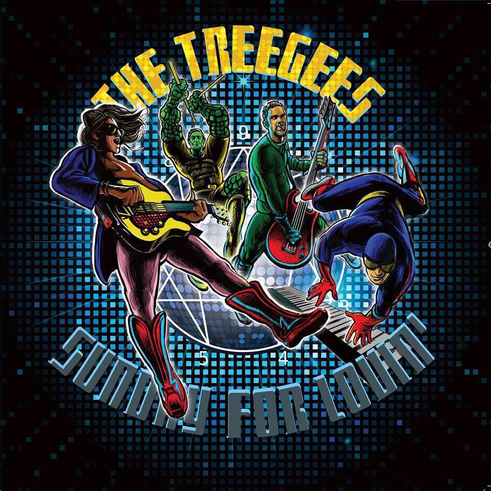 Tree Gees - copertina del disco che ritrae quattro musicisti rappresentati come fumetti: a sinistra alex con gicca blu e chitarra gialla, Ezio dipinto di verde come l'uomo pietra, Paolo vestito di verde con il basso di colore rosso e Franz con la tuta blu di superman