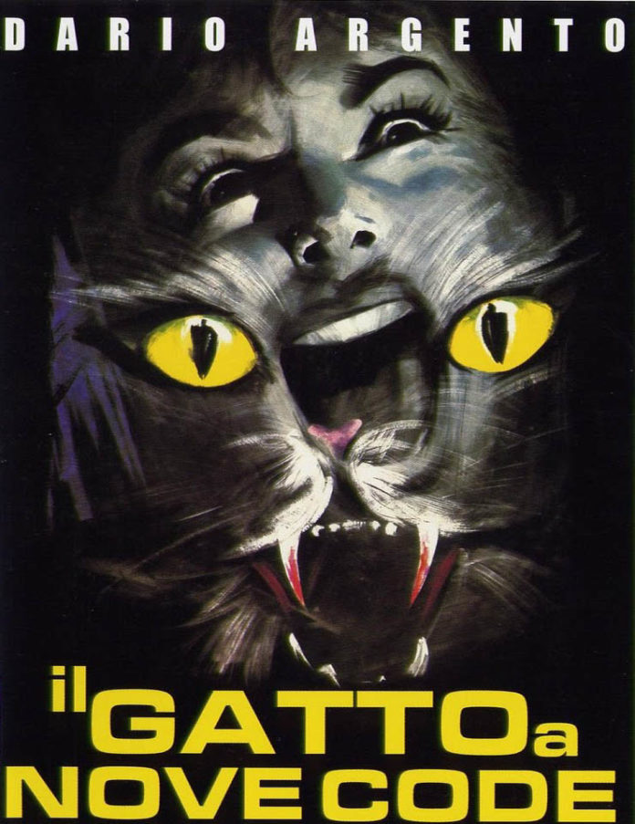 su sfondo nero il volto di una donna urlante si fonde con quello di un gatto che soffianella foto la locandina del film di dario argento il gatto a nove code.