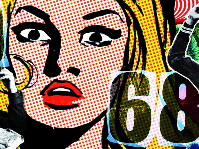 foto con fumetto di donna bionda con labbra rosse e occhi sbarrati ed il numero sessantotto in basso a destra
