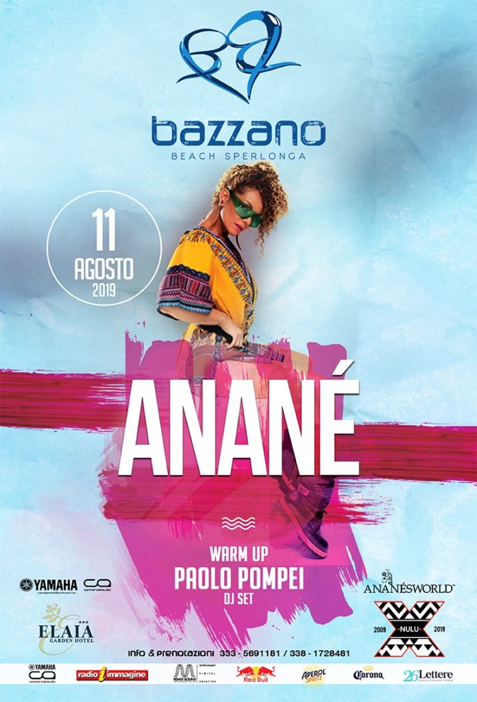 Ananè Vega nella locandina che propone l'evento: scritta "domenica 11 agosto 2019" con il logo della bazzano beach e i brand degli sponsor