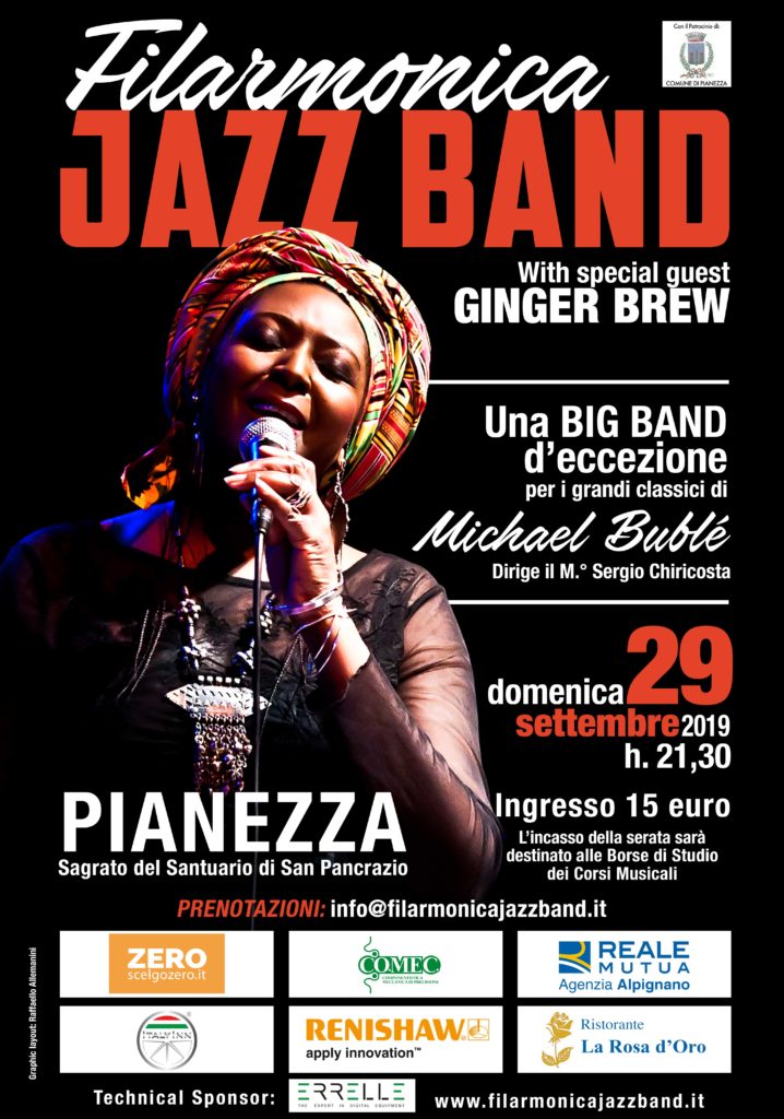 Nella foto ginger brew indossa un turbante africano colorato ed un vestito scuro.. La foto è la locandina del concerto a painezza il 29 settembre 