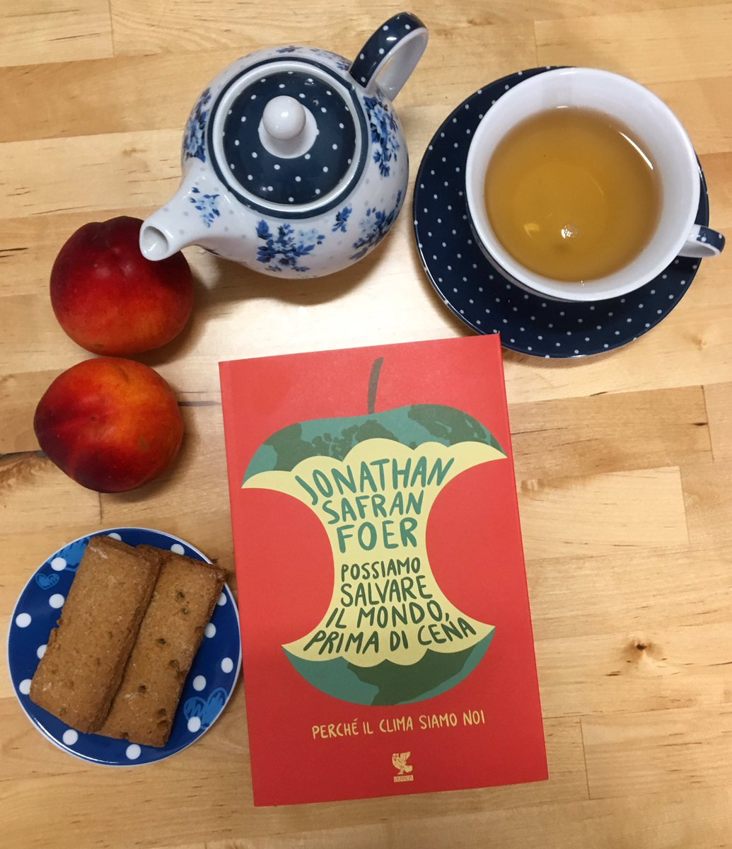 Nella foto il libro di Jonathan Safran Foer e intorno dei biscotti, fdrutta, unateiera e una tazza di te