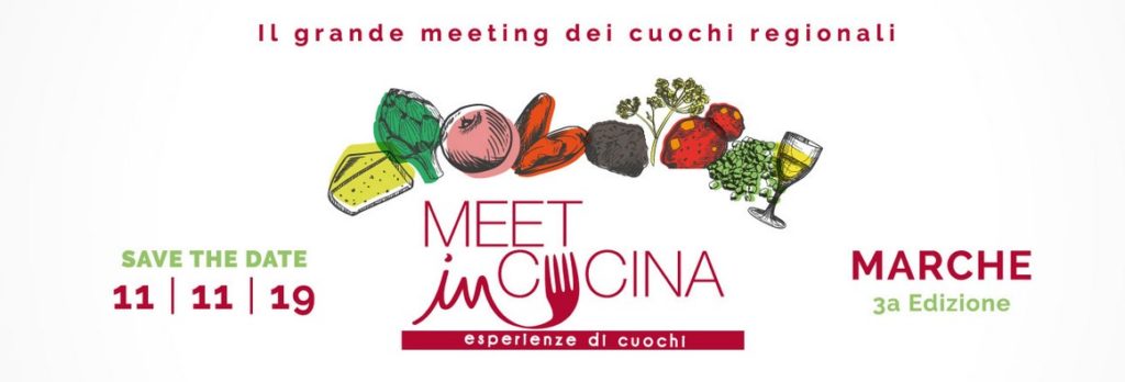 il logo di meet in cucina marche con degl cibo disegnato 