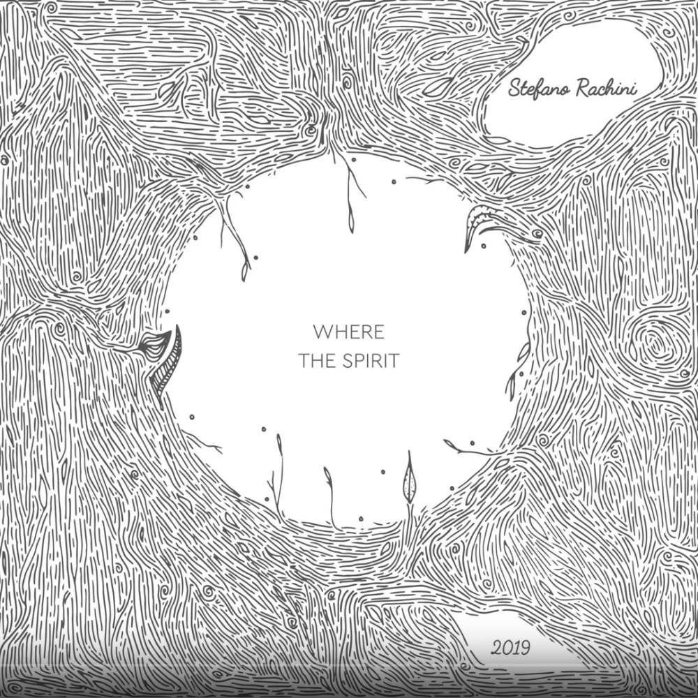 La copertina dell'album "where the spirit" di Stefano rachini è un disegno bianco e nero che sembra il tronco di un albero della vita