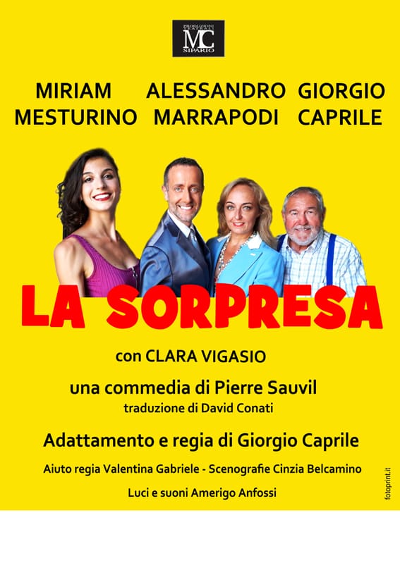 La locandina de "la sorpresa" con i quattro personaggi della commedia