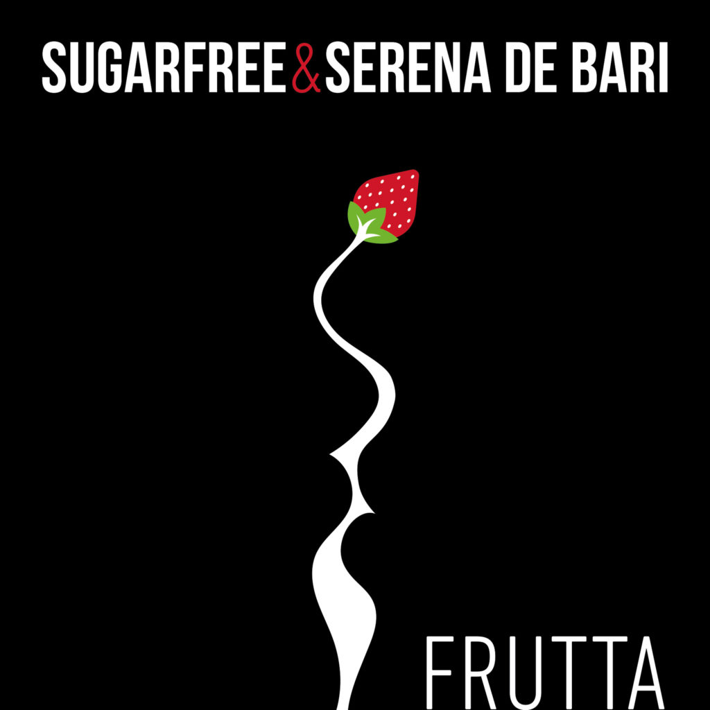 La copertina del brano frutta degli sugarfree, sfondo nero, il disegno di una fragola rossa su un gambo bianco la cui forma rappresenta du volti che si baciano