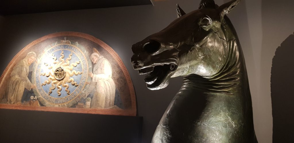 Mostra Mantegna interni di Palazzo Madama con cavallo nero in primo piano