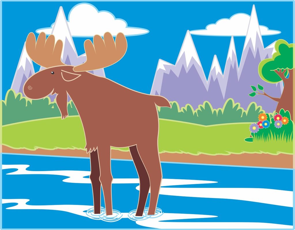 un fumetto dove, a causa del riscaldamento globale, una renna in mezzo alle montagne si bagna le zampe in un fiume