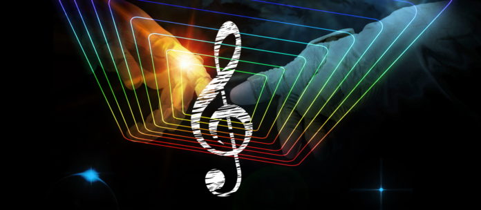 _Space music travel, due dita di astronauta che toccano la chiave di violino nello spazio, inquadrate da tanti rettangoli colorati concentrici