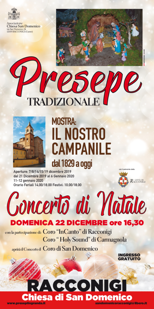 La Locandina dell'evento Concerto di Natale a Racconigi, con la foto del campamile, tutti i dettagli dell'appuntamento e il logo della città di Racconigi
