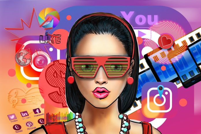 Abbiamo preso l'influencer: 2nel disegno il viso di una ragazza, circondata dai vari simboli dei social media