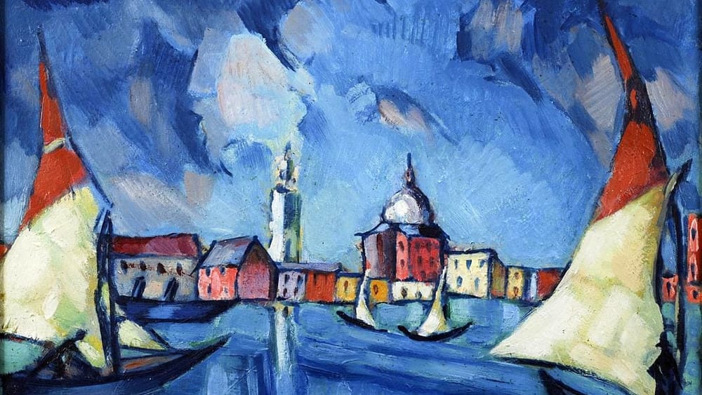 Veduta di Veneziw in azzurro e rosso con barchen in primo piano