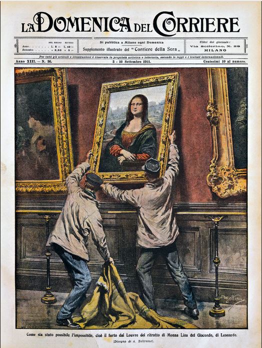 L prima pagina della domenica del corriere dell'epoca con due persone che rubano la. Gioconda. 