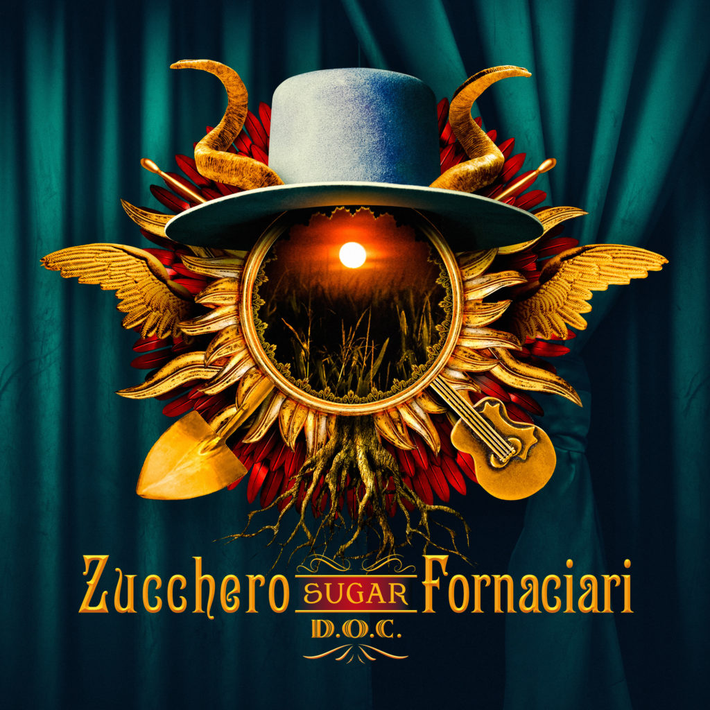 D.O.C. ZUCCHERO La copertina dell'album D.O.C. di Zucchero, un cappello a falda larga appoggiato su un simbolo strano con una sfera di vetro al centro, sullo sfondo un tendone verde