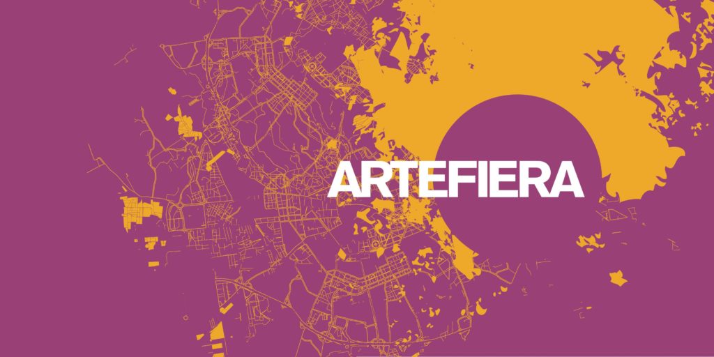 Logo di Arte Fiera Bologna 2020, 44 edizione con mondo stilizzato viola e giallo
