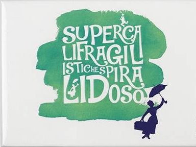 fobia delle parole lunghe, parola del film mary poppins: supercalifragilistichespiralidoso, giù in basso accanto alla scritta c'è l'immagine ombreggiata di mary poppins con l'ombrello