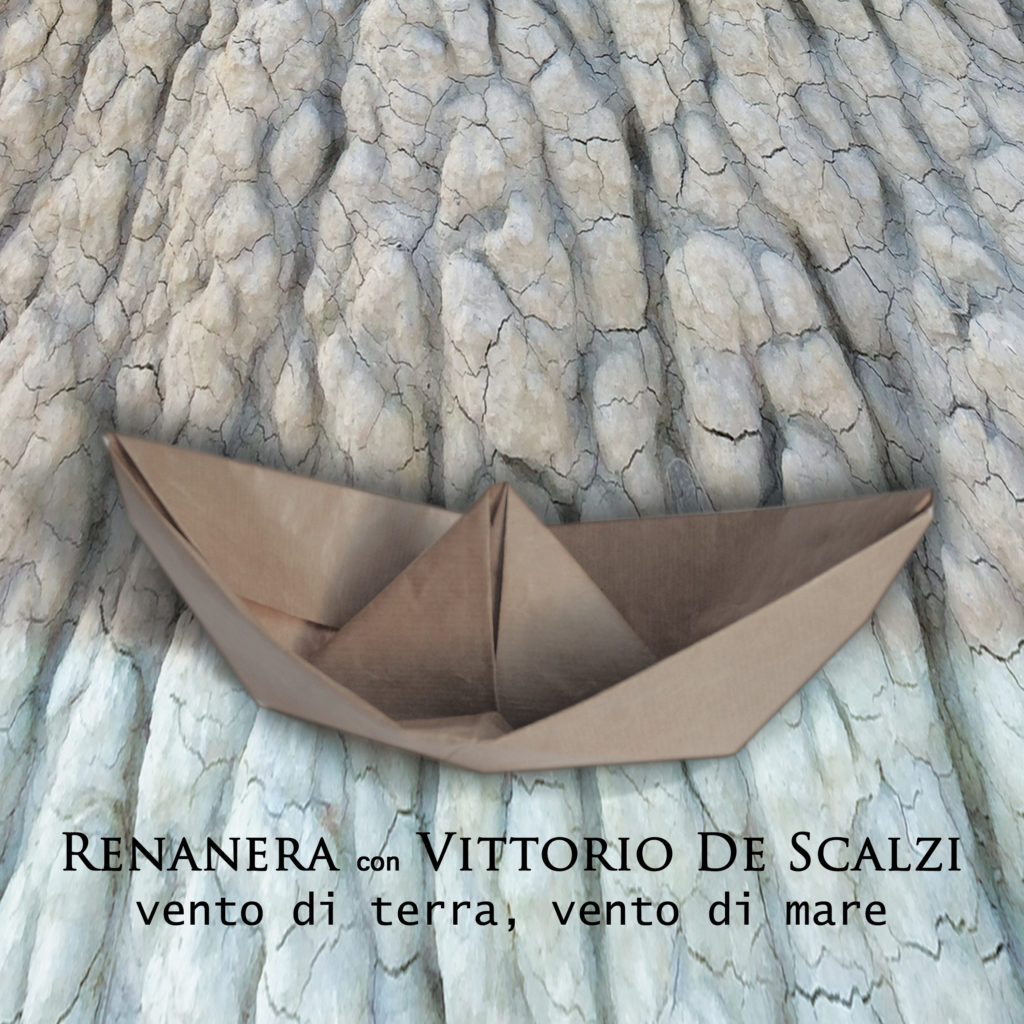 Copertina del CD vento di terra evento di mare di Vittorio De Scalzi e Renanera. una barca fatta con un foglio di carta piegato,