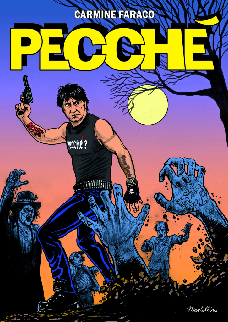 Copertina del fumetto di Carmine Faraco. Sono rappresentati il comico che indossa una canotta nera con la scritta pecché, e jeans, con una mano in alto che impugna una pistola, intorno a lui ci sono mani di zombie che escono dalla terra, e zombie dietro che camminano verso di lui. A destra c'è disegnato un albero spoglio, e tra i rami c'è la luna piena