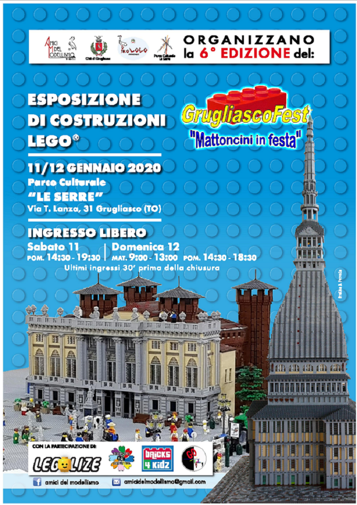 la locandina di mattoncini in festa, la mostra dche si terrà a Grugliasco, su sfondo blu, la mole antonelliana e il parco del valentino, ricostruito con i lego e le indicazioni utili dell'evento