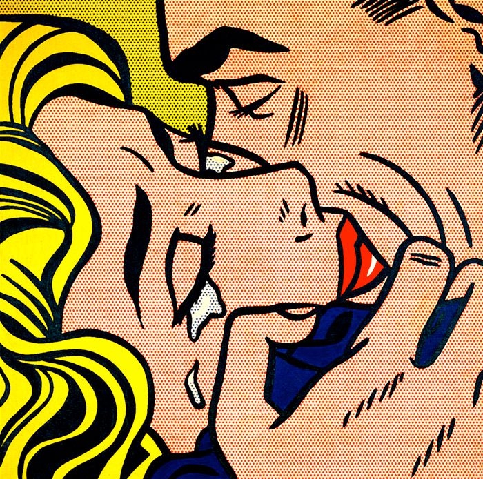 Baci d'arte pop art donna e uomo fumetti lei lo abbraccia piangendo 