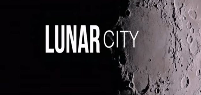 lunar city, docufilm di alessandra bonavina, il titolo del film Lunar City in stampatello bianco, su sfondo metà nero e metà parte della luna