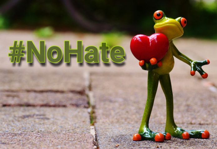 per il cyberbullismo e marco sentieri, una scritta #nohate e una ranocchia con un cuore in mano