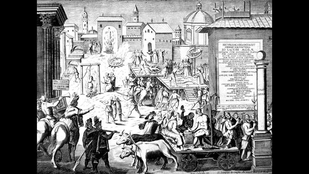 Domenico Squillace nella foto una stampa antica che ripropone milano al tempo della peste con dei carri con dei morti sopra e della gente intorno