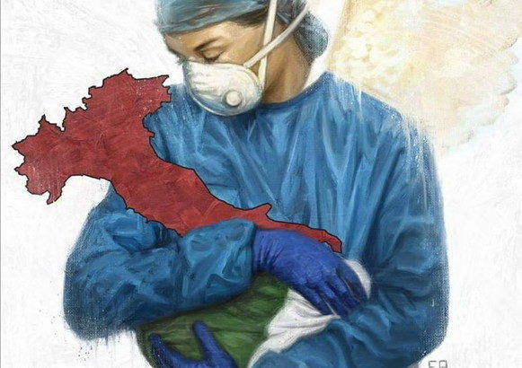 Forze dell'ordine e personale sanitario gli eroi del coronavirus un medico con la mascherina tiene in braccio un'italia ferita