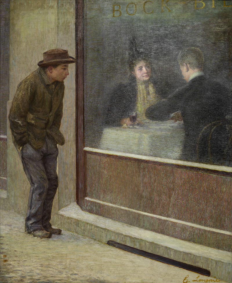 Longoni Divisionismo la Rivoluzione della luce riflessione di un affamato davanti alla vetrina guarda due persone che mangiano