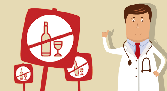 un disegno che rappresenta un dottore con un dito in su, accanto ci sono tre divieti rappresentanti un divieto alcol