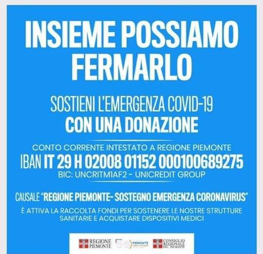 il logo del patrocinio della regione piemonte, con indicato l'iban sul quale fare le offerte