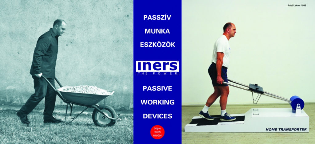 Tour virtuale museo Mocak di cracovia: una foto fatta da due immagini a sinistra un uomo che spinge una carriola e a destra un uomo in palestra con un attrezzo che riproduce lo sforzo di spingere la carriola