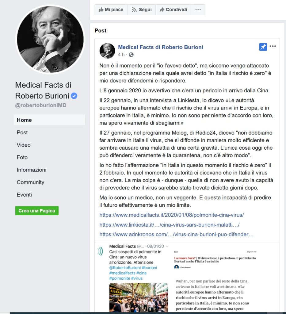 Qualcosa non torna, Burioni Speranza il post di facebook del professor burioni