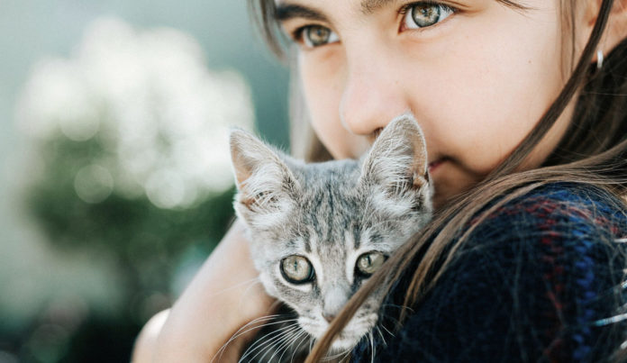 allergico ad animale domestico, bambina con i capelli lunghi che cadono sulla spalla, indossa una maglietta nera e tiene in braccio un cucciolo di gatto grigio