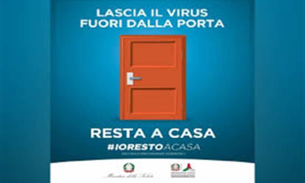 quarantena in musica andrà tutto bene la pubblicità del ministero della salute #iorestoacasa con una porta arancione su sfondo blu