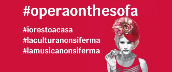 #operaonthesofa il palco virtuale del Teatro Regio di Torino donna su fondo rosso