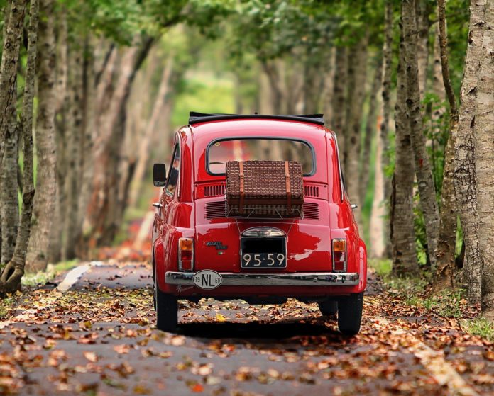 quo vado: italiano all'estero. primo piano di una fiat 500 rossa, dentro un bosco, con una valigia fissata sul baule