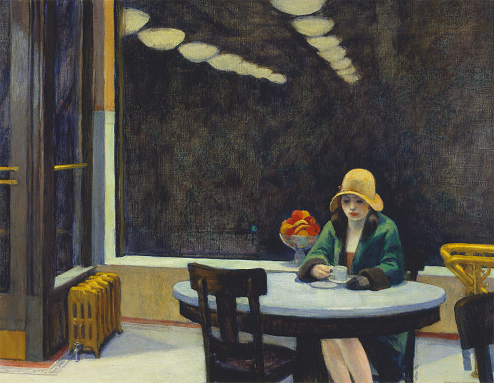 Edward Hopper l'artista del tempo sospeso. Automat Una donna seduta da sola al tavolino di un bar
Con un cappellino e una tazza di caffè vuota. Immagine di tristezza 