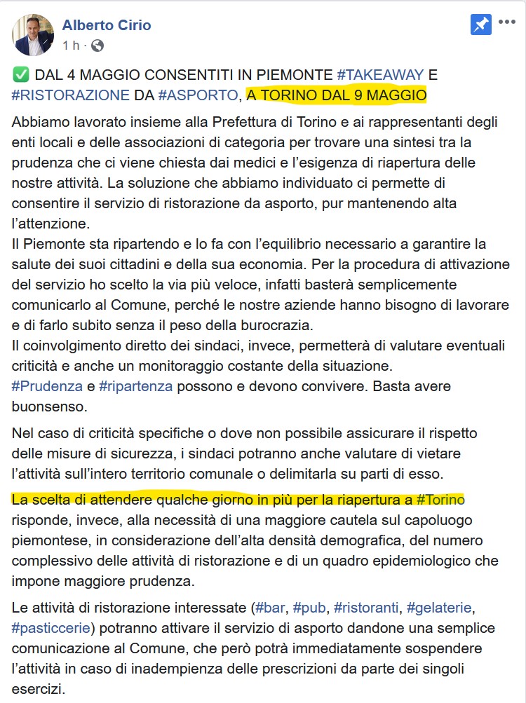 Cirio revoca l'ordinanza del Sindaco: Torino, takeaway chiusi fino 9 maggio