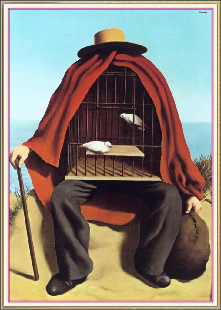 Psicanalisi in tempi di Quarantena, corpi confinati e piatte - forme.
Quadro di Magritte el. Terapeuta corpo con gabbia di uccello