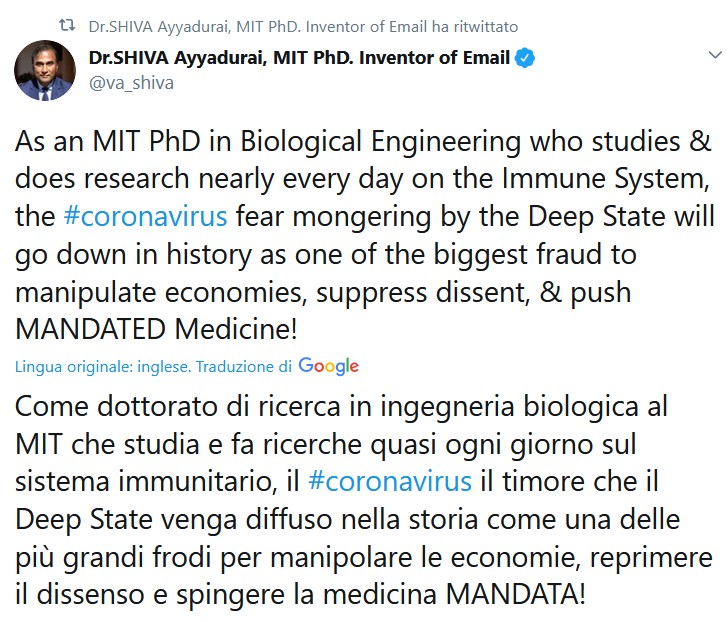 Il tweet di Shiva Ayyadurai su Twitter