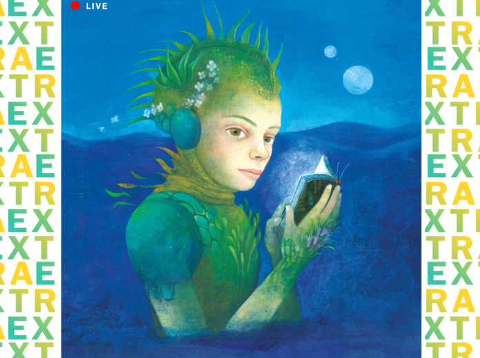 Salto Extra: Forme di Vita al Salone Internazionale del Libro- virtual edition la locandina con un bambino con una tuta spaziale verde fatta di foglie e un libro azzurro in mano