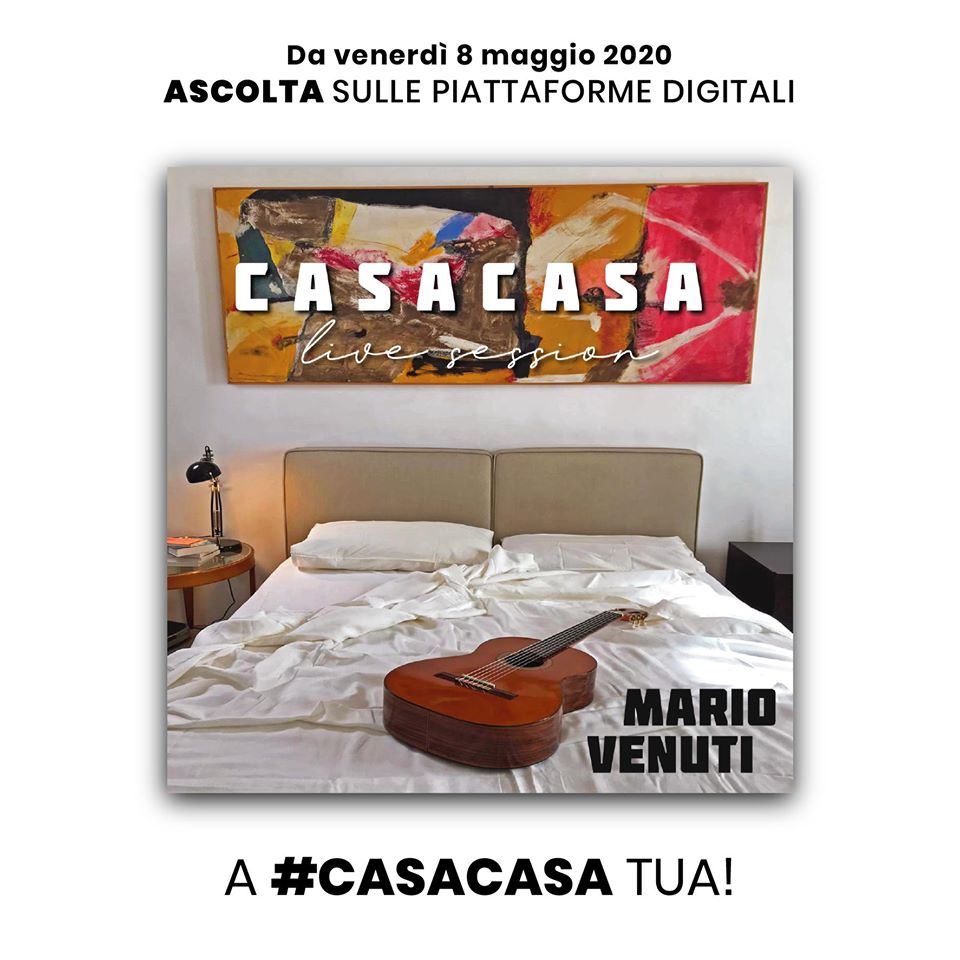 “CasaCasa live session”: la compilation di Mario Venuti in versione casalinga. nella foto la locandina youtube, che raffigura una camera da letto, un letto bianco con sopra una chitarra e sopra la testira un quadro astratto a colori vivaci